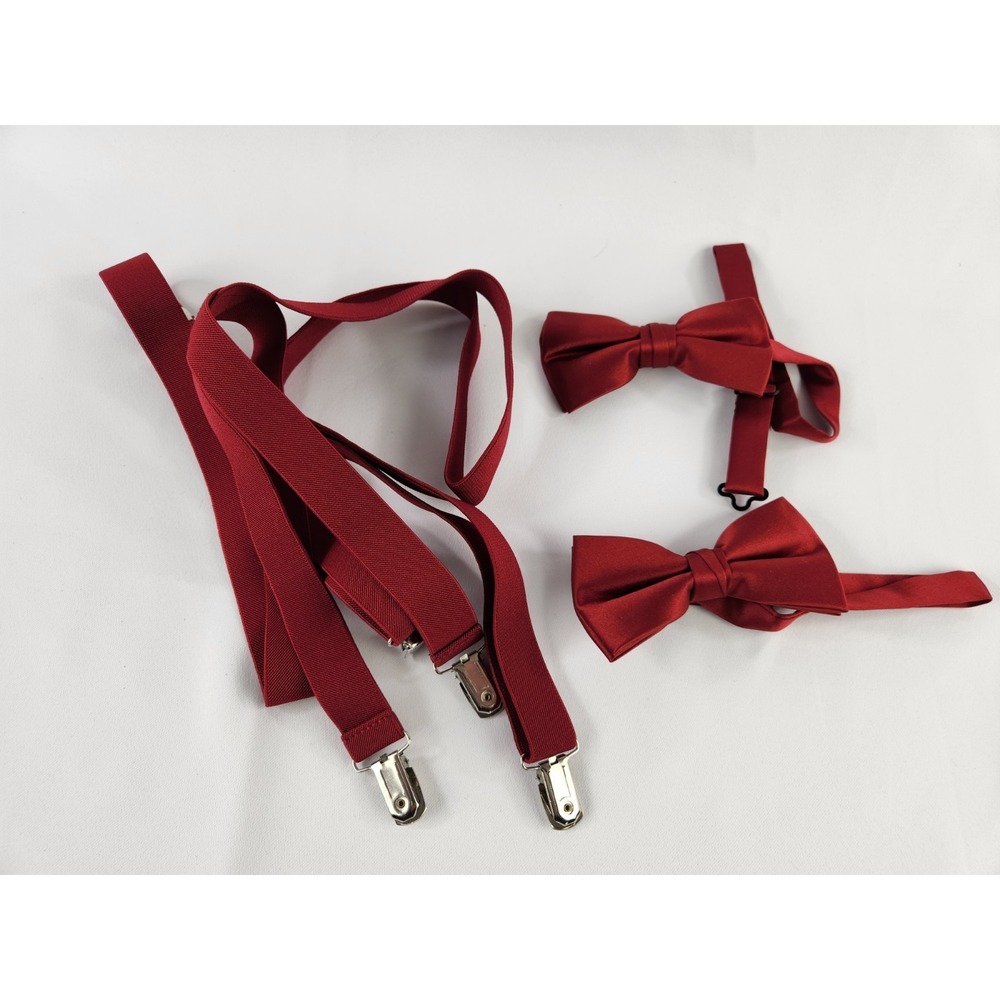 Suspender and Matching Bow Tie Set Elastic Adjustable Burgundy Red Prom Dance